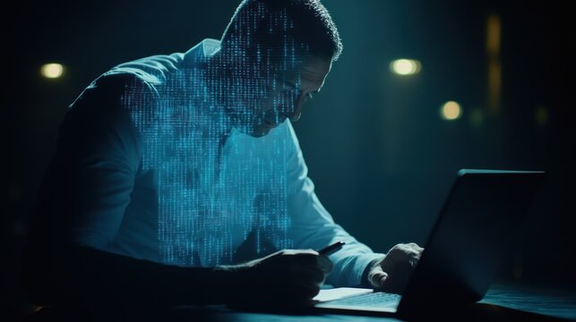 Night coder writing code, city background, digital overlay