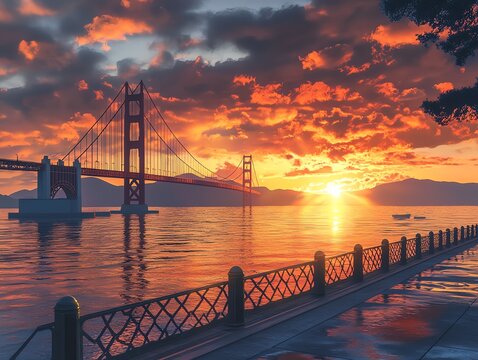 Golden Gate Bridge at Sunset with Dramatic Sky and Water Reflection