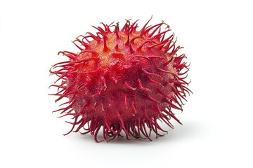 Close-up of Single Exotic Rambutan Fruit on White Background Studio Shot
