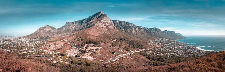 Cape Town, Stunning Table Mountain Landscape panorama taken from the top of Lions Head - South Africa best travel destination for nature and adventure