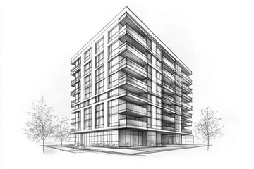 Fototapeta premium Modern apartment building architectural sketch design drawing isolated on transparent background isolated on transparent background