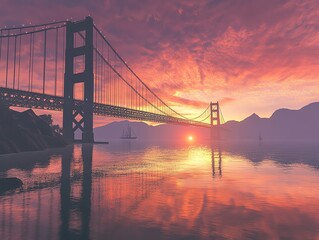 Fototapeta premium Golden Gate Bridge at Sunset Reflecting in Calm Water San Francisco