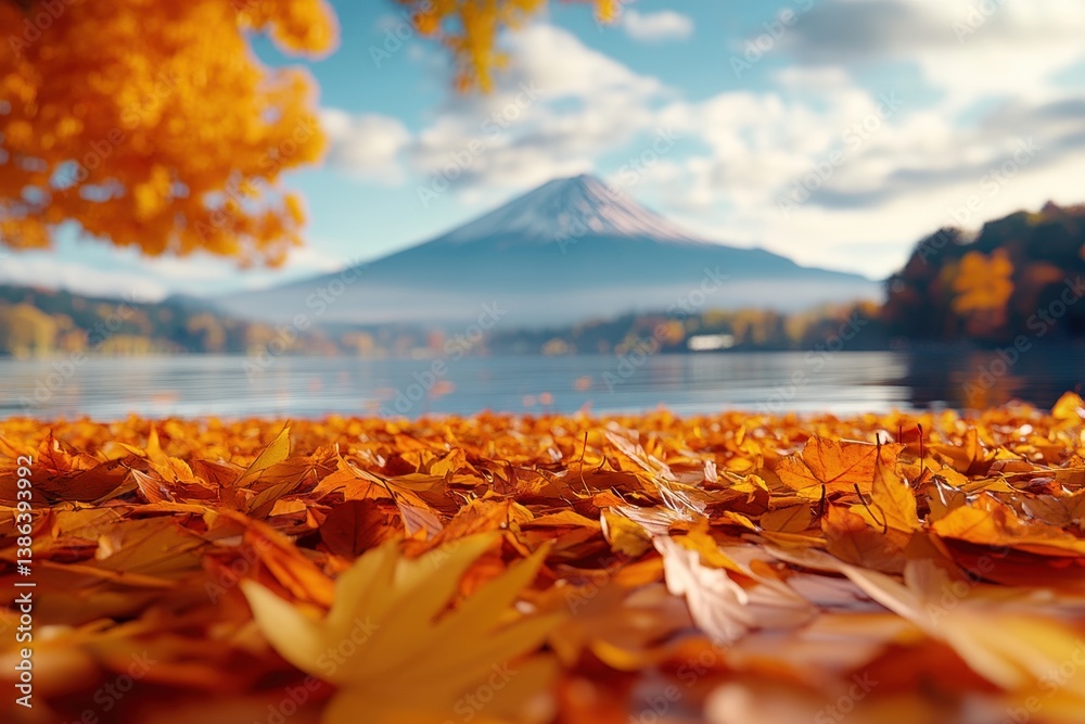 Poster vibrant autumn leaves float above tranquil water with a distant mountain backdrop at dawn in a seren
