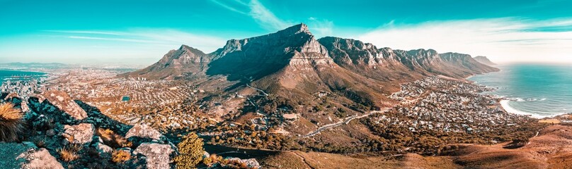 Cape Town, majestic Table Mountain Landscape panorama taken from the top of Lions Head - South Africa best travel destination for nature and adventure