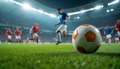 Naklejka premium Soccer player in action with a ball on a stadium field