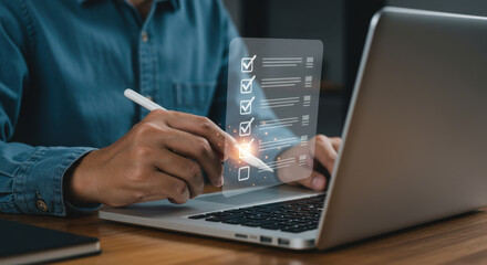 Digital Checklist on Laptop: Task Management, Productivity & Efficiency. Tick off Goals & Stay Organized Online!