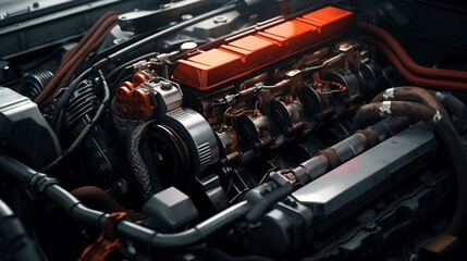 A photo of a car engine being repaired.