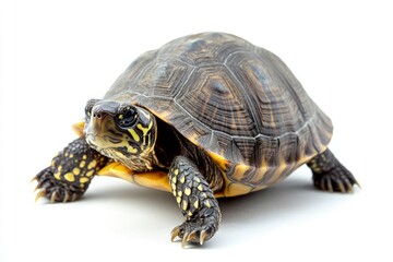 Obraz premium Close-up of Turtle Walking on White Background with Detailed Shell Pattern