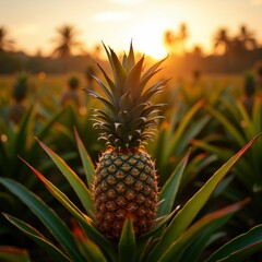 Fototapeta premium close pineapple plant beautiful sunset background pineapple center its spiky top green leaves surrounding sun setting distance casting warm orange glow over scene background filled pineapple plants