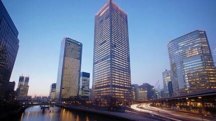 Naklejka premium Cityscape, skyscrapers, river, twilight, traffic, construction, urban, finance, business, night