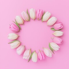 Colorful tulips arrangement on pink background. Minimal spring composition. Mothers day theme with copy space.