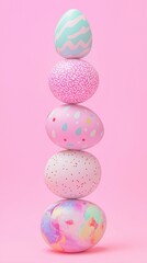 Colorful Easter eggs with patterns stacked on a pastel background. Easter celebration concept.