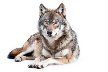 Lying Gray Wolf Portrait on White Background Captivating Animal Kingdom Image