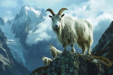 Fototapeta premium Allopatric speciation mountains A population of mountain goats separated by a glacier leading to the development of distinct coat colors high detail cinematic lighting