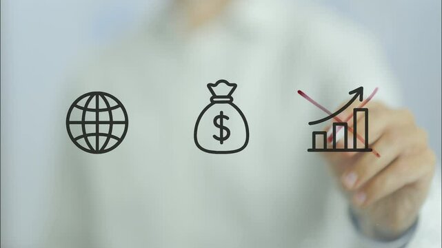 Businessman drawing icons of globe, money bag and growth chart on transparent screen, then crossing out the growth chart, symbolizing trade and tariffs impact