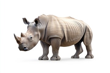 Obraz premium Standing Rhinoceros Isolated on White Background Showcasing Its Skin Texture