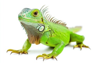 Fototapeta premium Green Iguana Close-up on White Background Reptile Portrait Exotic Pet