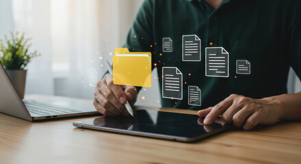 Digital Document Management: Streamlining Workflow with Tablet, Pen, & Cloud. Paperless Office, Efficient File Organization.