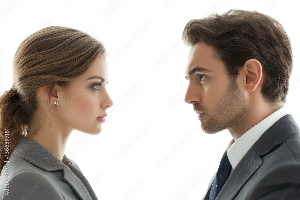 Poster Professionals engaged in a serious discussion in a neutral setting with strong facial expressions and focus during business hours