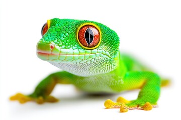 Green Day Gecko Closeup on White Background with Bright Orange Eyes