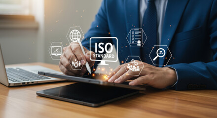 ISO Standard Compliance: Certification, Quality Management & Business Excellence. Digital Inspection with Checklist Icon.