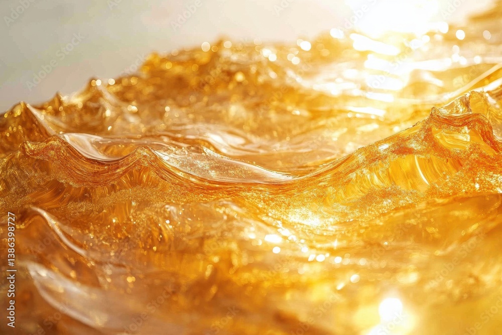 Poster golden liquid flows smoothly in a clear container showcasing vibrant bubbles and textures during day