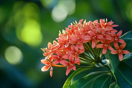 Vibrant orange ixora flowers in natural green background