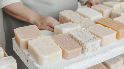 Handmade soap bars displayed on a wooden tray. Various colors and textures are visible