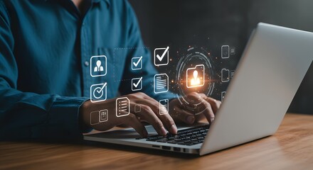 A professional interacts with a virtual checklist on a touchscreen, working on a laptop at a wooden desk in a modern, outdoor-inspired setting.