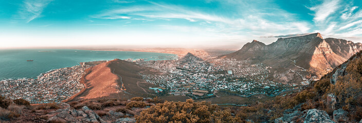 Cape Town city bowl Stunning cinematic Table Mountain Landscape taken from the top of Lions Head - South Africa top travel destination for nature, adventure, tourism.