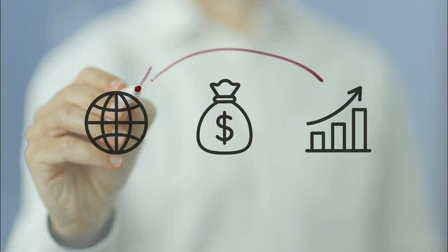 Businessman drawing a connection between global trade, investment, and growth, symbolizing the positive correlation between international commerce and economic expansion
