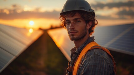 Obraz premium Young caucasian male engineer inspecting solar panels at sunset