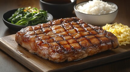 Grilled steak with rice and vegetables.  A juicy, grilled steak is presented on a wooden board, alongside a side of steamed spinach, rice, and a small bowl of sauce
