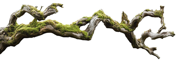weathered tree branch, covered in patches of vibrant green moss, isolated on transparent background
