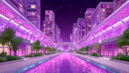 Futuristic city at night with purple lighting, elevated walkways, and a central canal