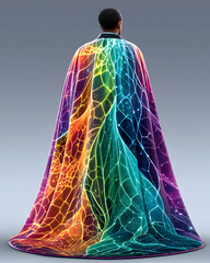 A vibrant, rainbow-hued cape with intricate wing-like design
