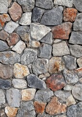 Fototapeta premium A close-up view of a textured stone wall featuring a variety of shapes and colors, showcasing the natural beauty of the stones, suitable for architectural or design applications