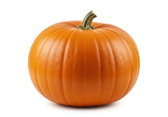 A single orange pumpkin with a green stem isolated on a white background in a studio shot