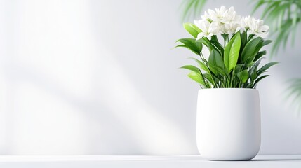 A white potted plant with white flowers and green leaves sits on a white surface. The background is a minimalist white wall with subtle light shadows. The image is digitally rendered, high-quality,