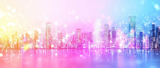 Futuristic cityscape with colorful clouds urban landscape digital art vibrant environment aerial perspective