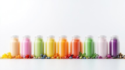 Ten vibrant smoothie bottles in rainbow hues stand in a row. Small piles of fruit garnish the base. The image is clean, high-resolution, and brightly lit. A minimalist aesthetic conveys freshness. P