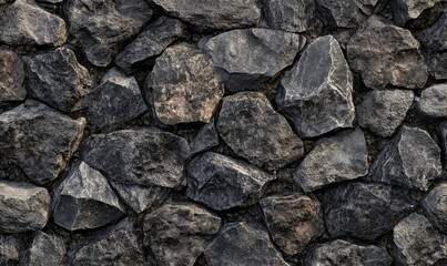 A close-up view of a textured stone wall showcasing various sizes and shapes of dark gray rocks, creating a natural, rustic appearance suitable for architectural designs or landscaping projects