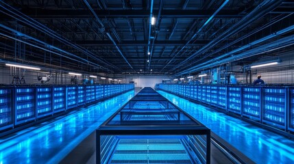 Advanced data center interior with rows of illuminated server racks in modern facility
