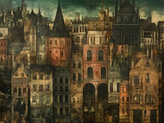 A detailed depiction of a historic cityscape featuring intricate architecture, diverse building styles, and a moody sky, capturing the essence of urban life in a bygone era