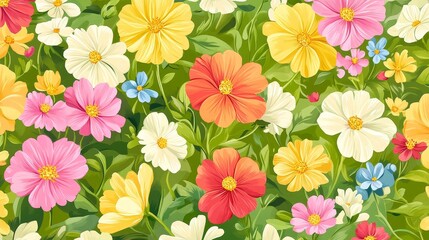 Vibrant garden of yellow, pink, and red flowers in lush greenery