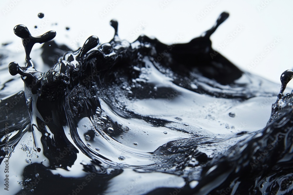 Poster Black liquid splashing upward with droplets forming an abstract shape against a light background during a creative photography session