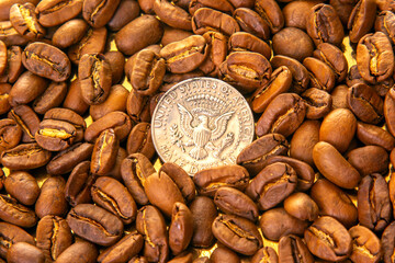 Roasted coffee beans with a U.S. dime for scale on a golden reflective background, showcasing their...