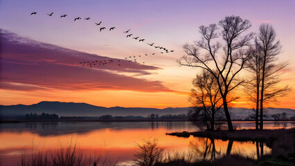Fototapeta premium Sunset Serenity: Long leaf Pine Silhouette Against a Vibrant Sky and Pond,Abendruhe ,trees at the lake sunset mirroring water surface hills in background, Balaton, Hungary . 