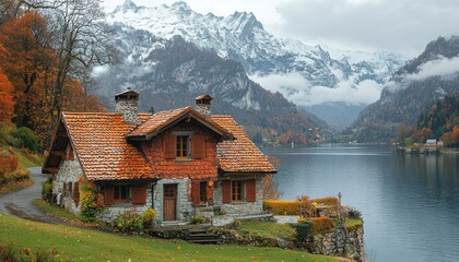 Naklejka premium Picturesque Lakeside Chalet nestled in the Swiss Alps during Autumn