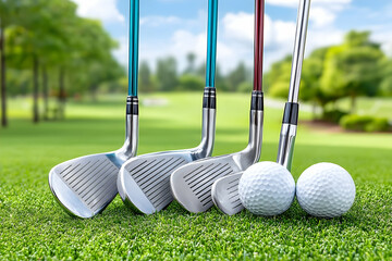 Four golf irons and two golf balls on a green